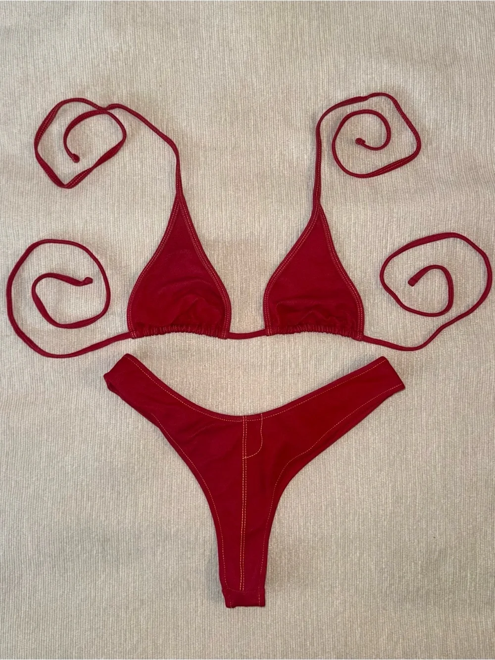 Frankie’s Bikinis Red Denim Bikini SET Sexy Full Moon Paradise Halter Large